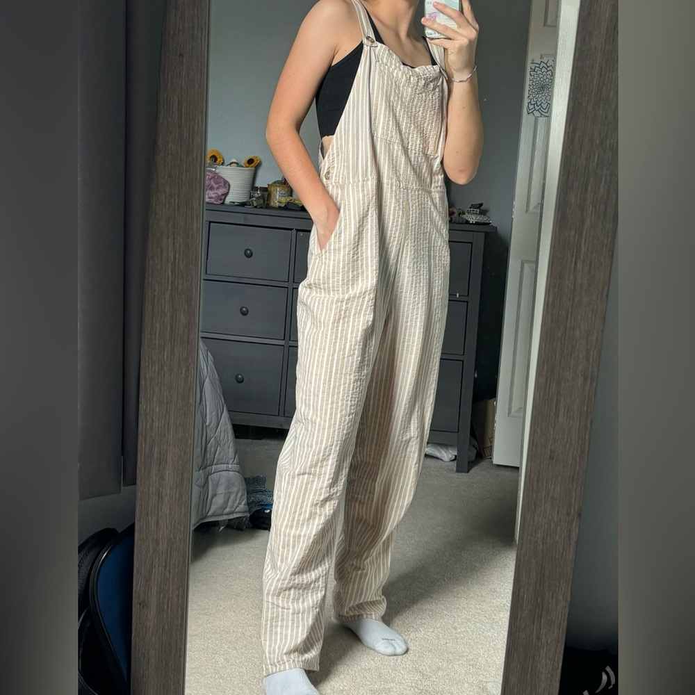 Women tan striped jumpsuit